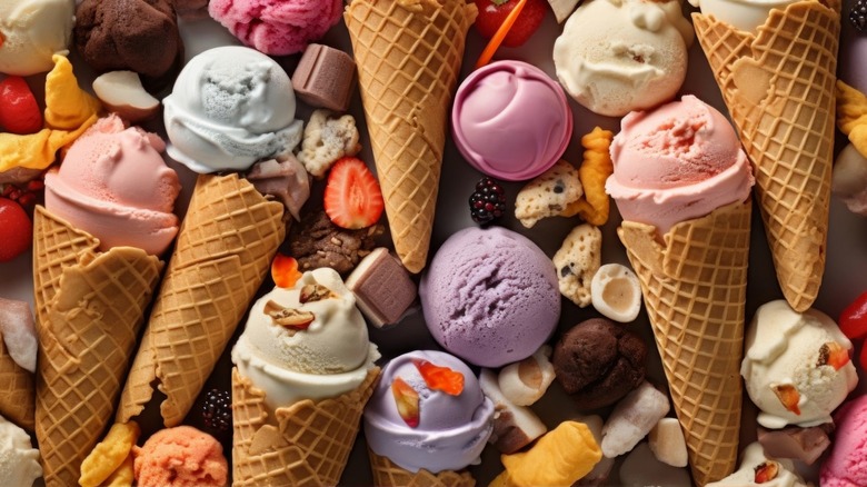 Various ice cream in cones