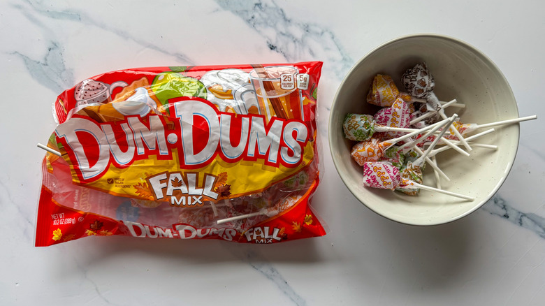 Dum Dums lollipops in a bowl