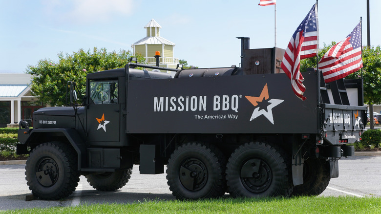 Military-style vehicle with Mission BBQ branding