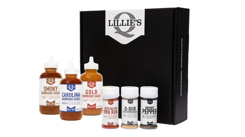 Lillie's Q BBQ essentials gift box with three bottles of BBQ sauce and three containers of dry rub