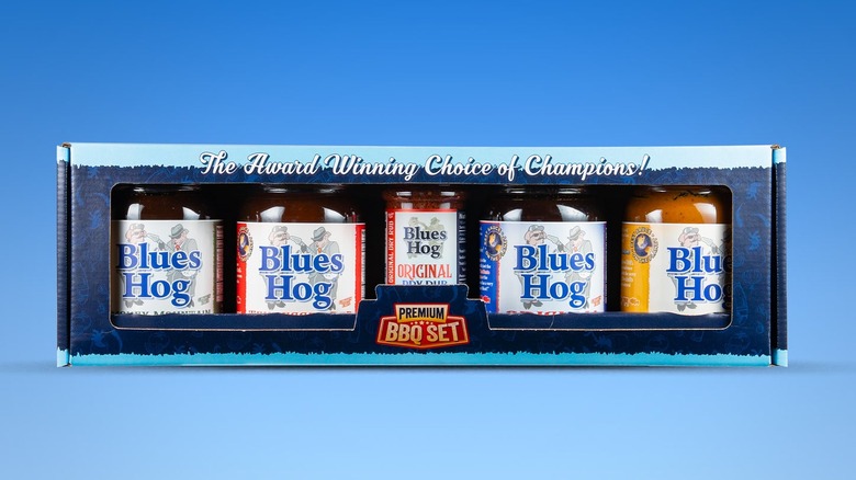 Blues Hog gift set with four large bottles of BBQ sauce and a small bottle of dry rub