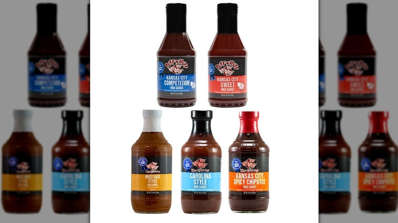 Five bottles of Three Little Pigs BBQ sauce