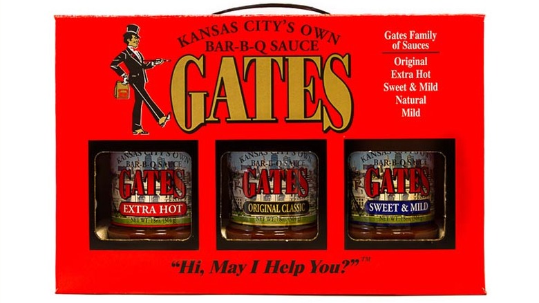 Box of three bottles of Gates Bar-B-Q sauce in a gift set