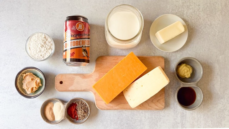 beer cheese pretzel dip ingredients on countertop