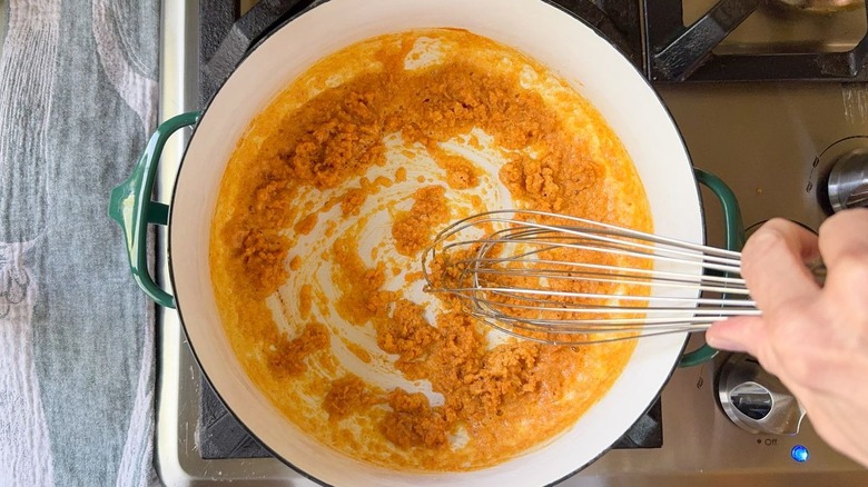 browned roux in large pot on stovetop