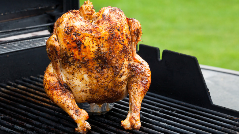 Beer can chicken on grill