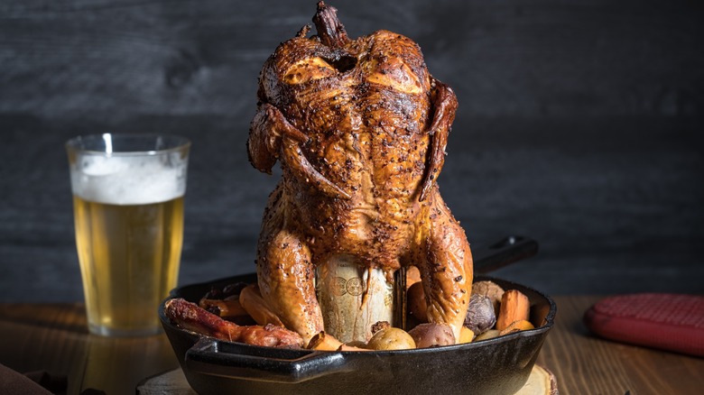 Beer can chicken in skillet
