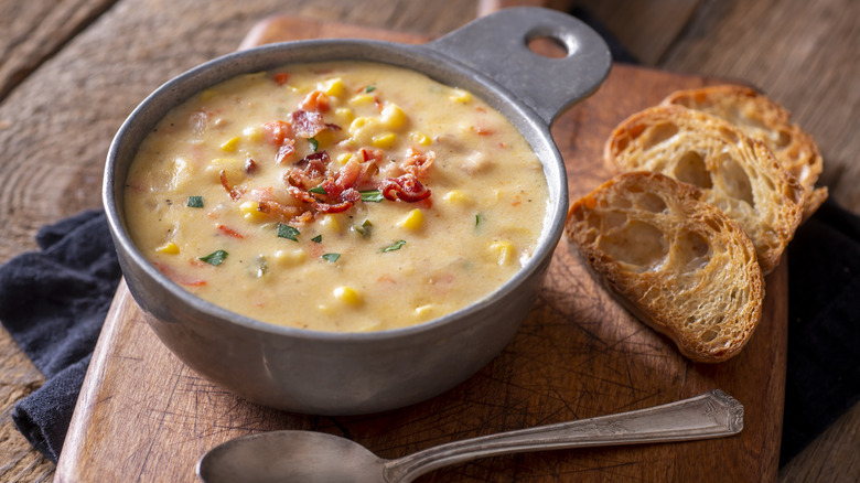 Homemade corn chowder soup in bowl