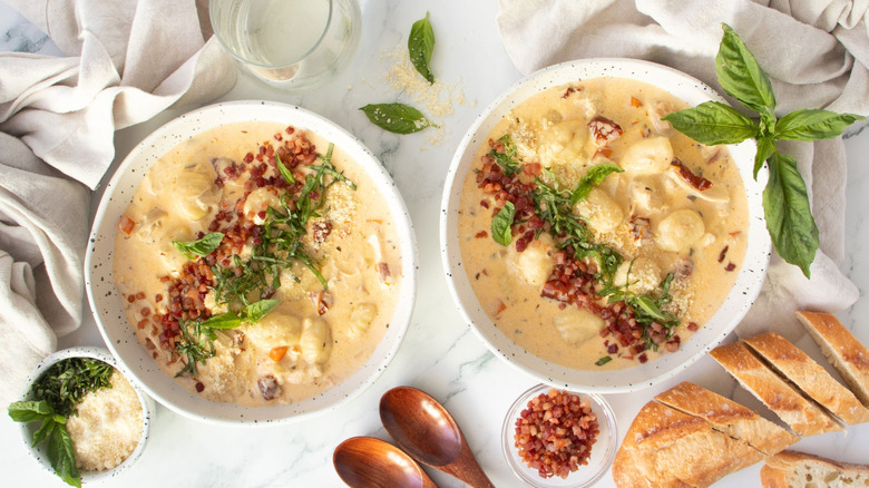 Bowls of chicken gnocchi soup