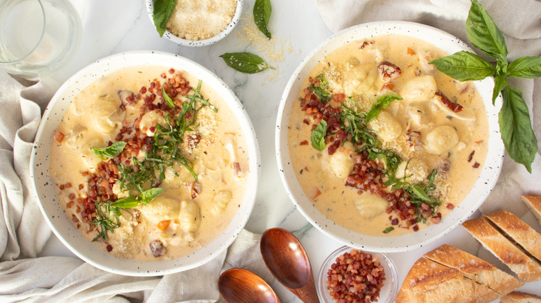 Bowls of chicken gnocchi soup