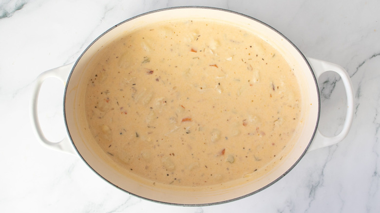 Chicken gnocchi soup in large pot