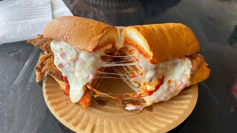 The cross-section of a chicken Parmesan grinder from Wethersfield Pizza House