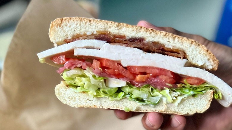 A person holding the Duke sandwich from Sprout Sandwich Shop
