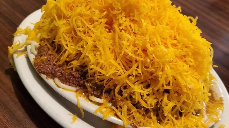 Plate of chili with pile of cheese