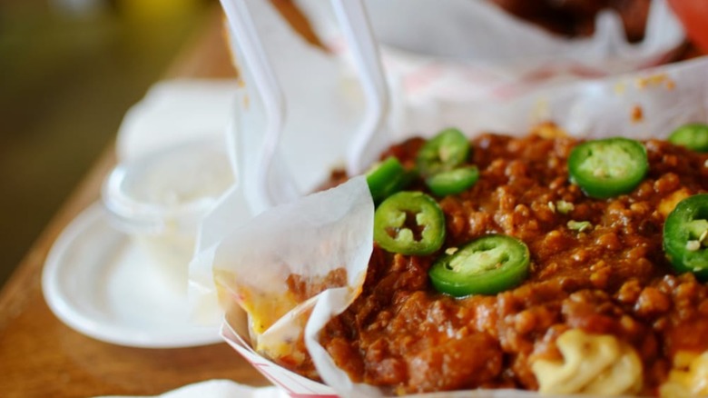 Chili with jalapeños in tray