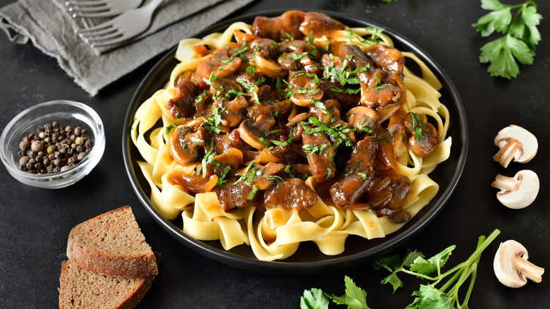 served beef stroganoff on plate