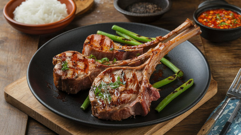 Grilled lamb chops on a plate with scallions.