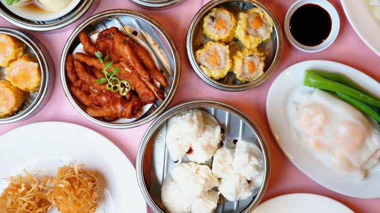 Dim sum dishes on a pink tablecloth from China Gourmet
