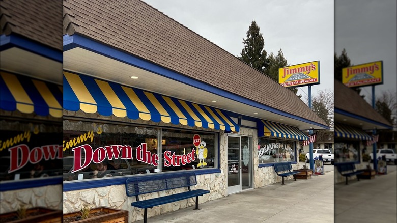 Exterior of Jimmy's Down the Street with its blue and yellow awning