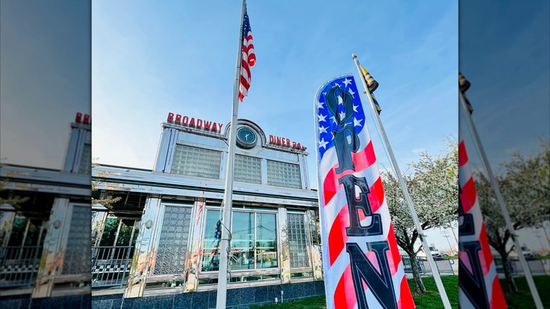 Exterior of Broadway Diner with an American-flag themed sign