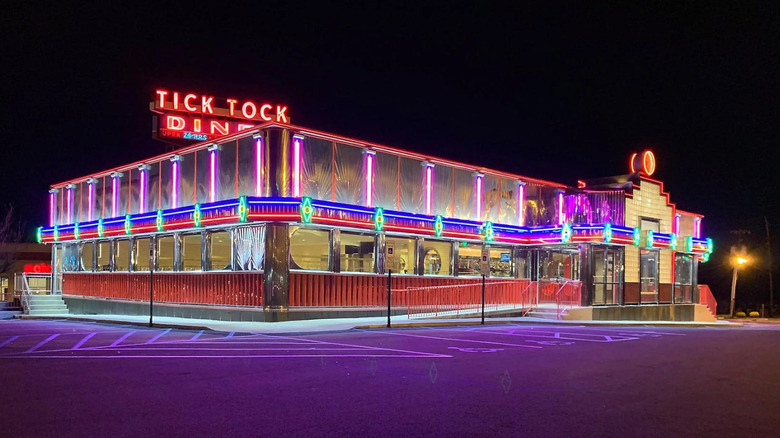Exterior of Tick Tock Diner at night