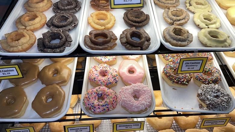 Display of donuts inside Spa City Donuts