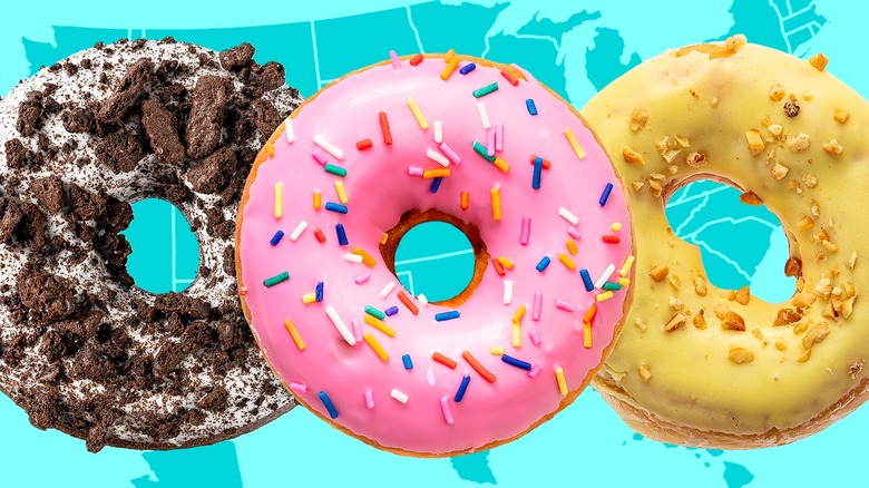 three different donuts on a backdrop of the US