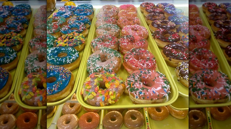 Display of colorful donuts at Linda Donuts
