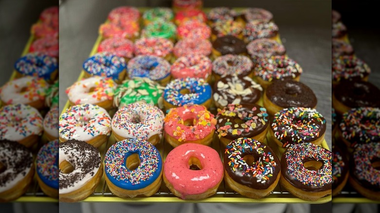 Tray full of colorful raised donuts from Donuts Coffee & Burgers