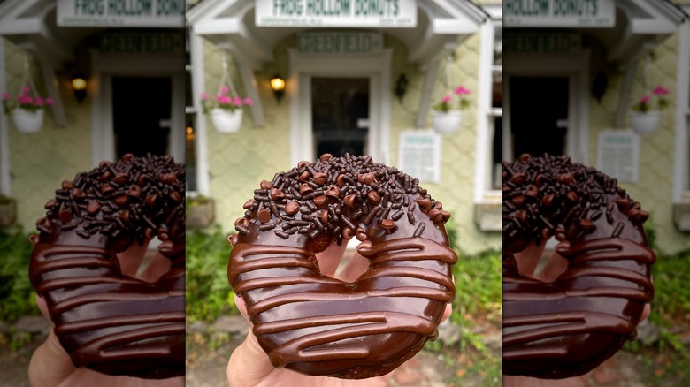 Hand holding a chocolate donut outside of Frog Hollow Bakery