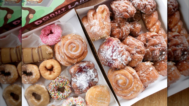 A variety of different donuts and pastries from Donut Land in boxes