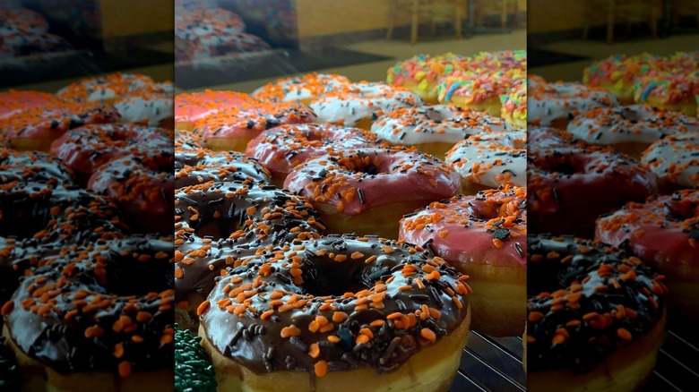 View of colorfully decorated donuts from inside the display case at MoMo donuts