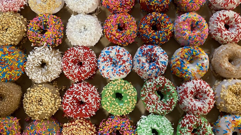 Rows of differently decorated donuts from The Galaxy Shop on Central