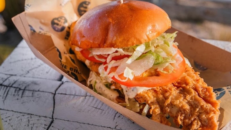 Fried grouper sandwich with tomato and lettuce on cardboard tray