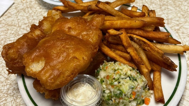 Fried fish filet with fries, slaw, and tartar sauce on plate