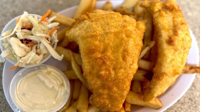 Pieces of fried fish on pile of fries with side of coleslaw and tartar sauce
