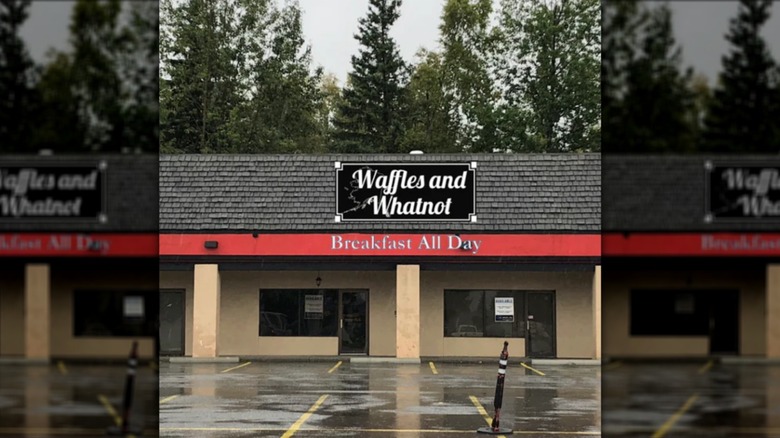 Exterior of Waffles and Whatnot with an empty parking lot out front