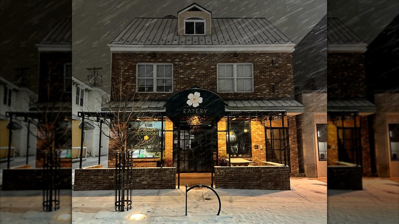 The exterior of Peach Blossom Eatery in the snow