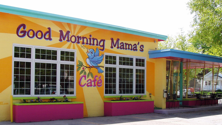 The painted yellow exterior of Good Morning Mama's Cafe