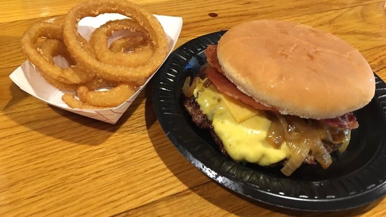 A burger and onion rings from Hamburger Joe's