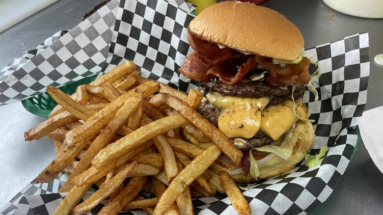 A burger and fries from Grub's Drive-In