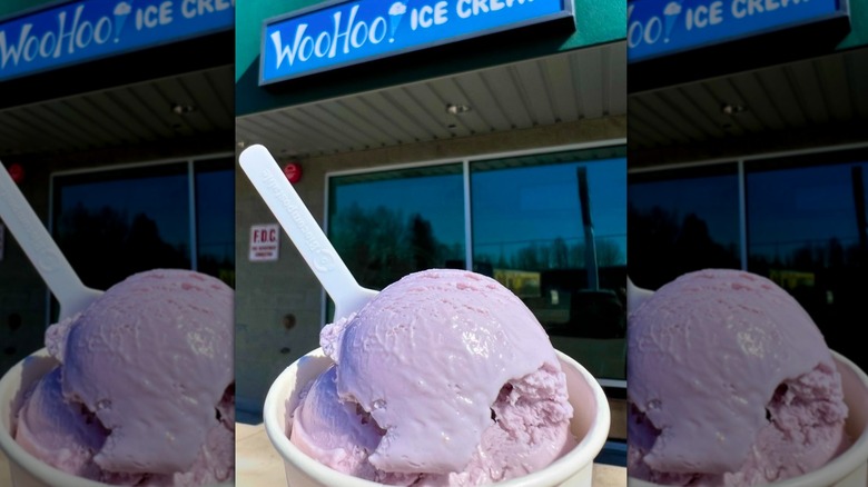 Purple ice cream in a cup in front of WooHoo! Ice Cream