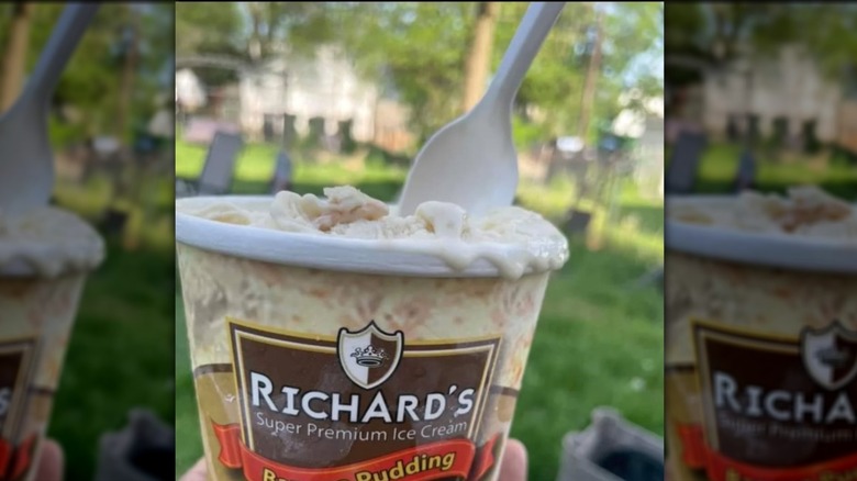 Hand holding a pint of Richard's Super Premium Ice Cream outdoors