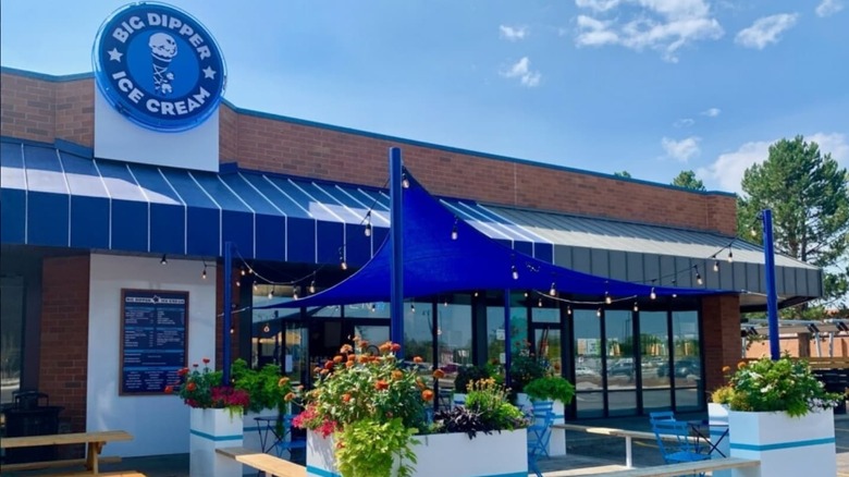 Exterior of Big Dipper Ice Cream, including patio