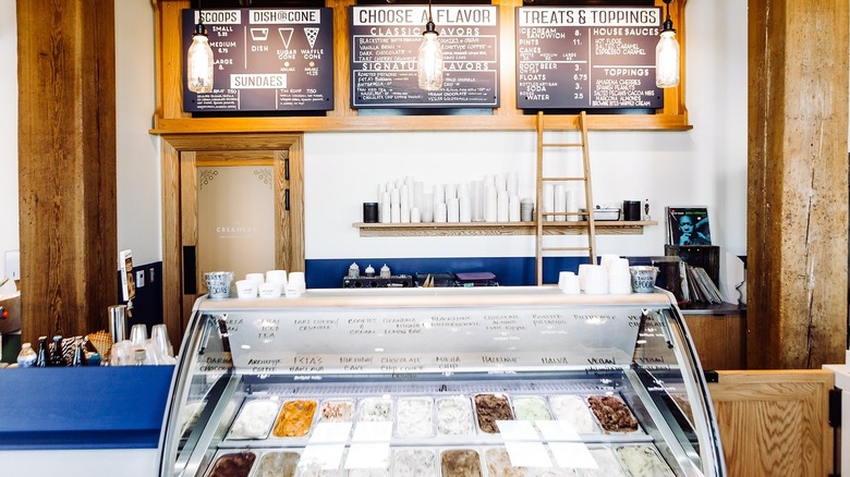 Ice cream counter inside Coneflower Creamery