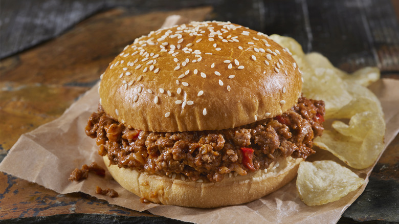 Sloppy joe sandwich with chips