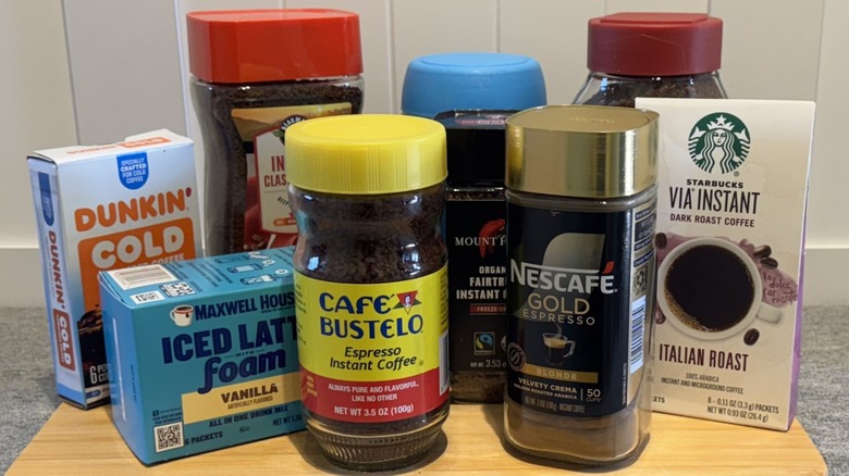 An assortment of instant coffees against a white background