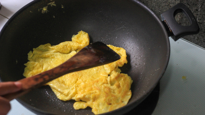 Eggs cooking in a non-stick pan