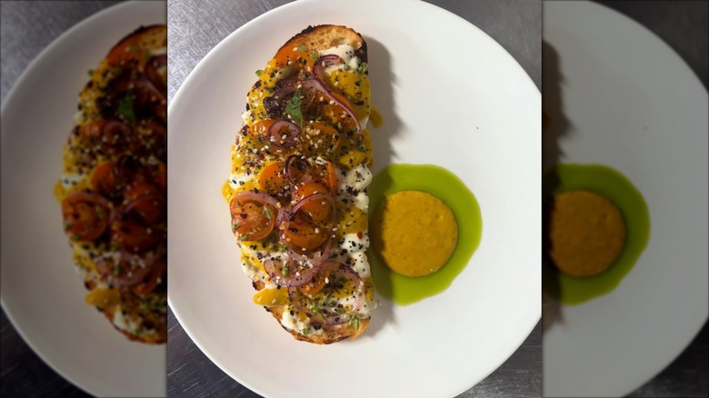 Plate of toast with scallop mouse and tomato