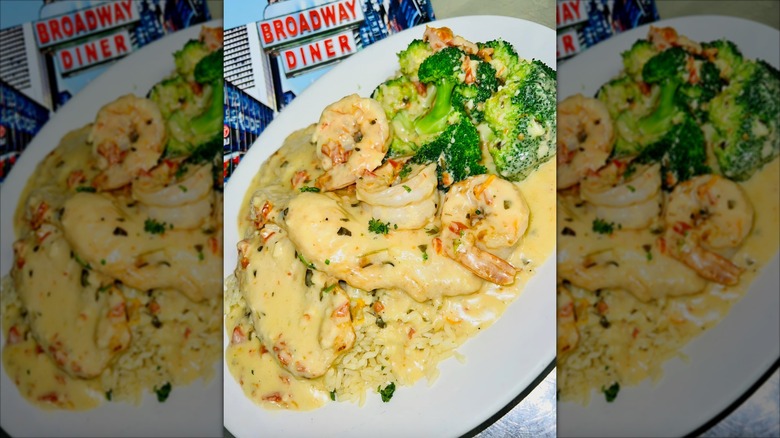 Plate of shrimp and broccoli with rice on top of Broadway Diner menu